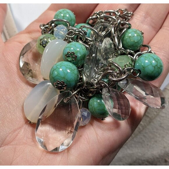 Vintage Clear And Faux Turquoise Beaded Cluster Charm Necklace - Picture 3 of 5
